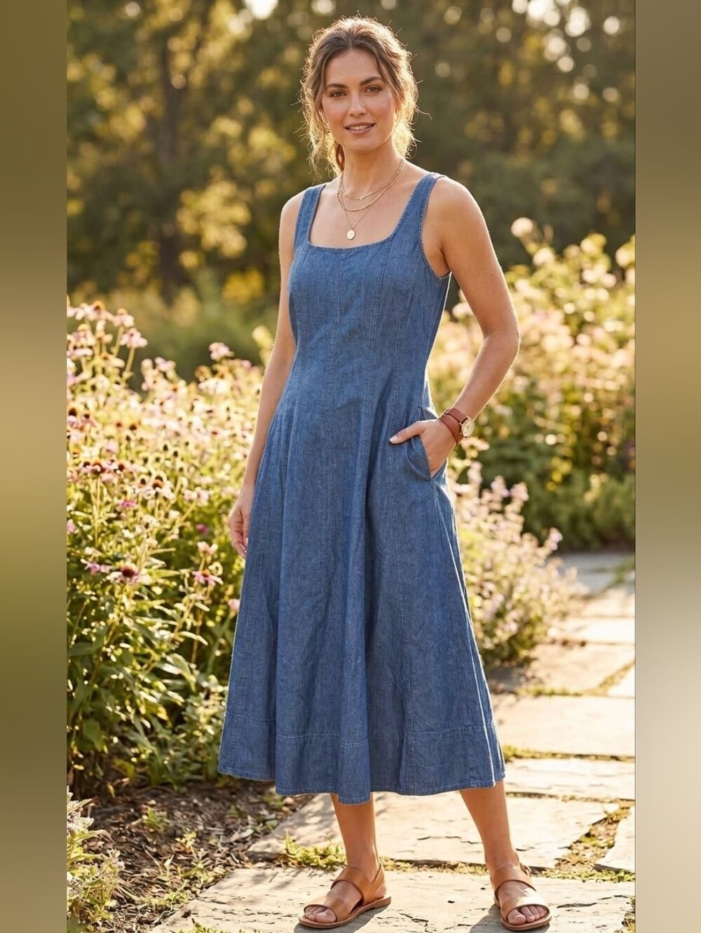 NWT Free Assembly Women's XL Denim Seamed Midi Dress With Pockets